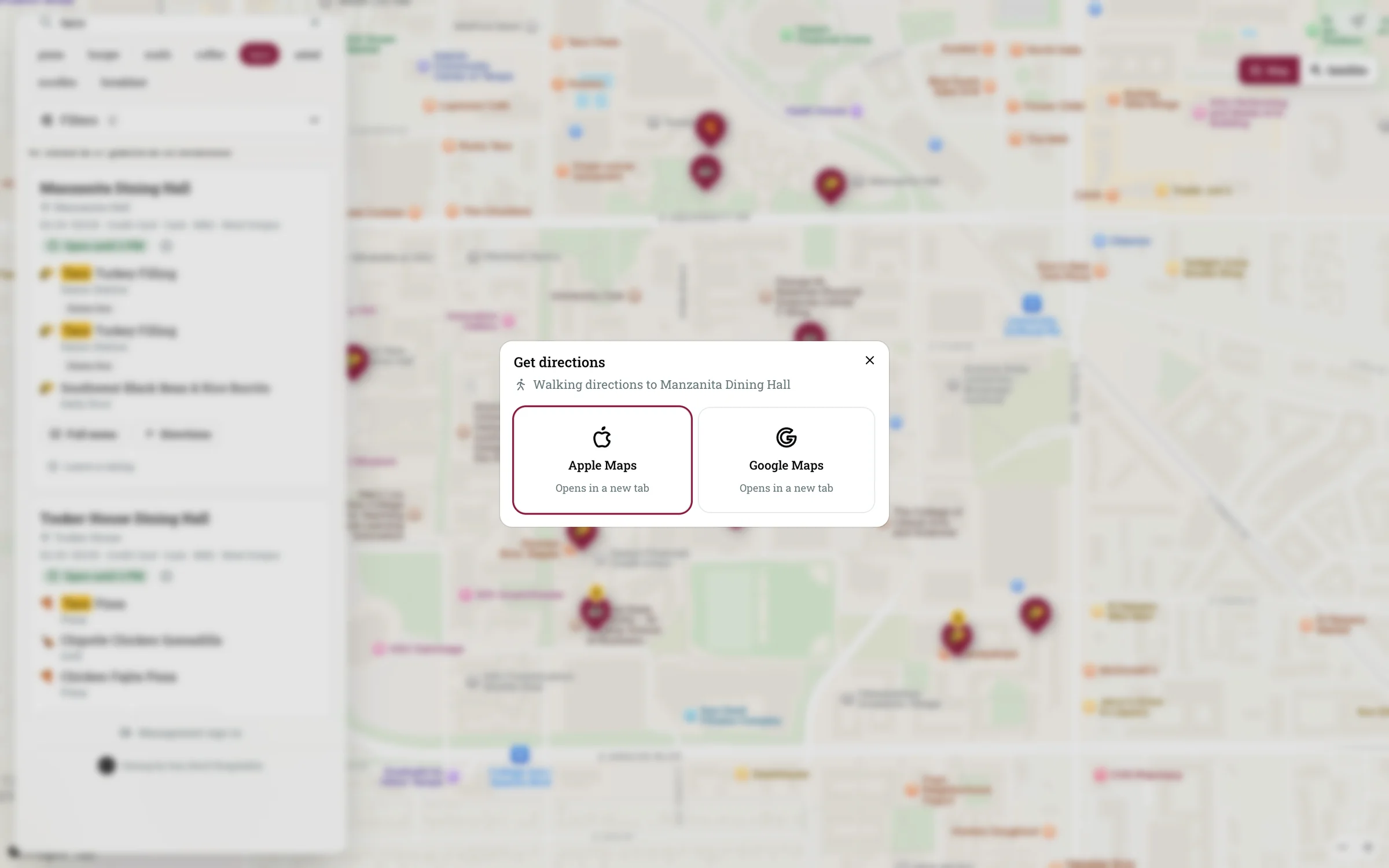 The directions dialog offering walking directions to Manzanita Dining Hall in Apple Maps or Google Maps.