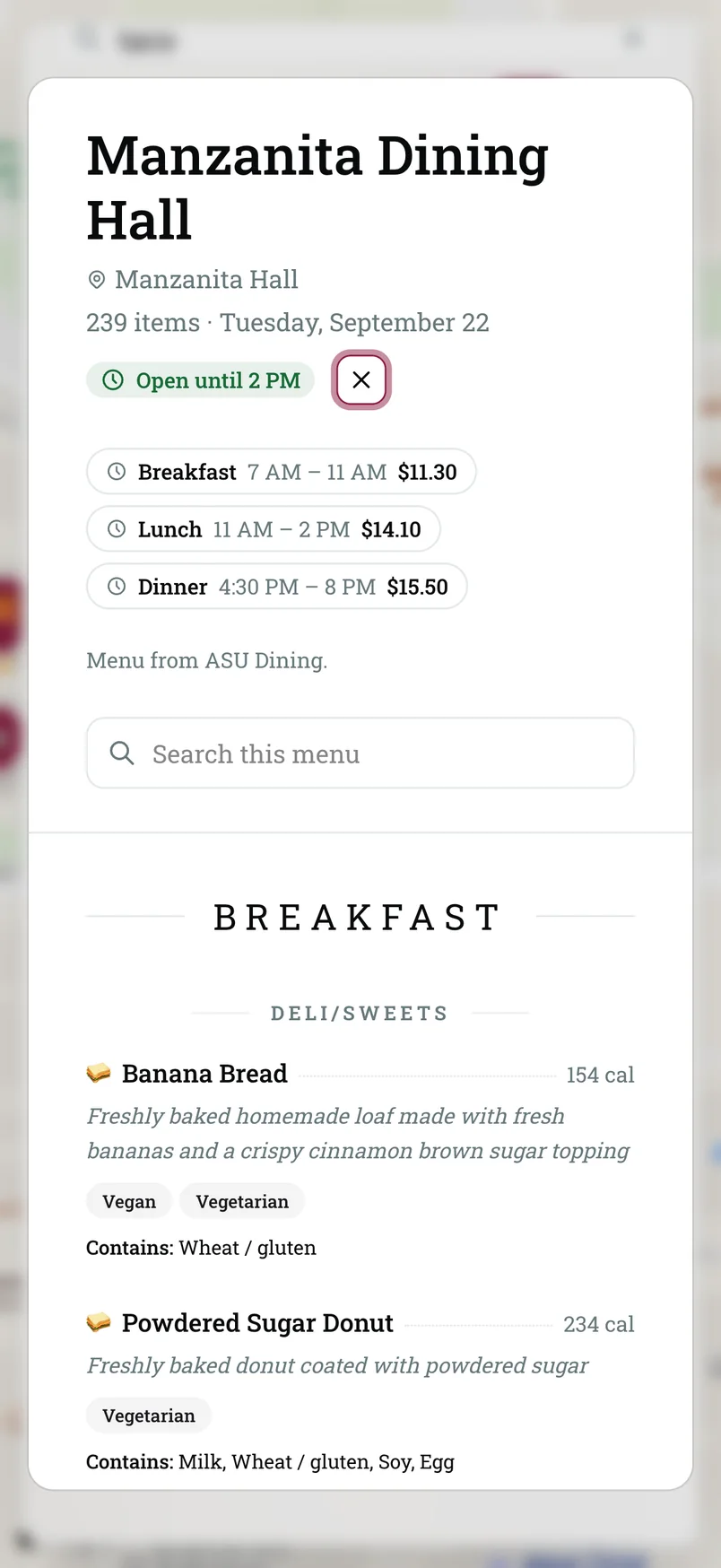 Manzanita Dining Hall's menu on a phone, with meal periods, prices and the breakfast list.