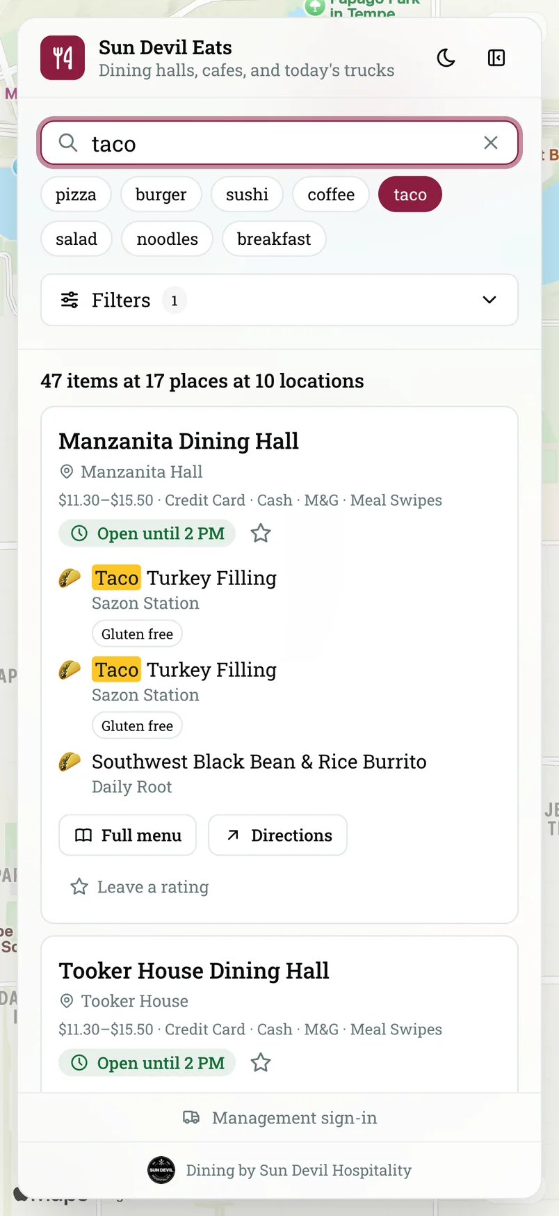 Searching "taco" on a phone: Manzanita Dining Hall, open until 2 PM, with matching dishes.